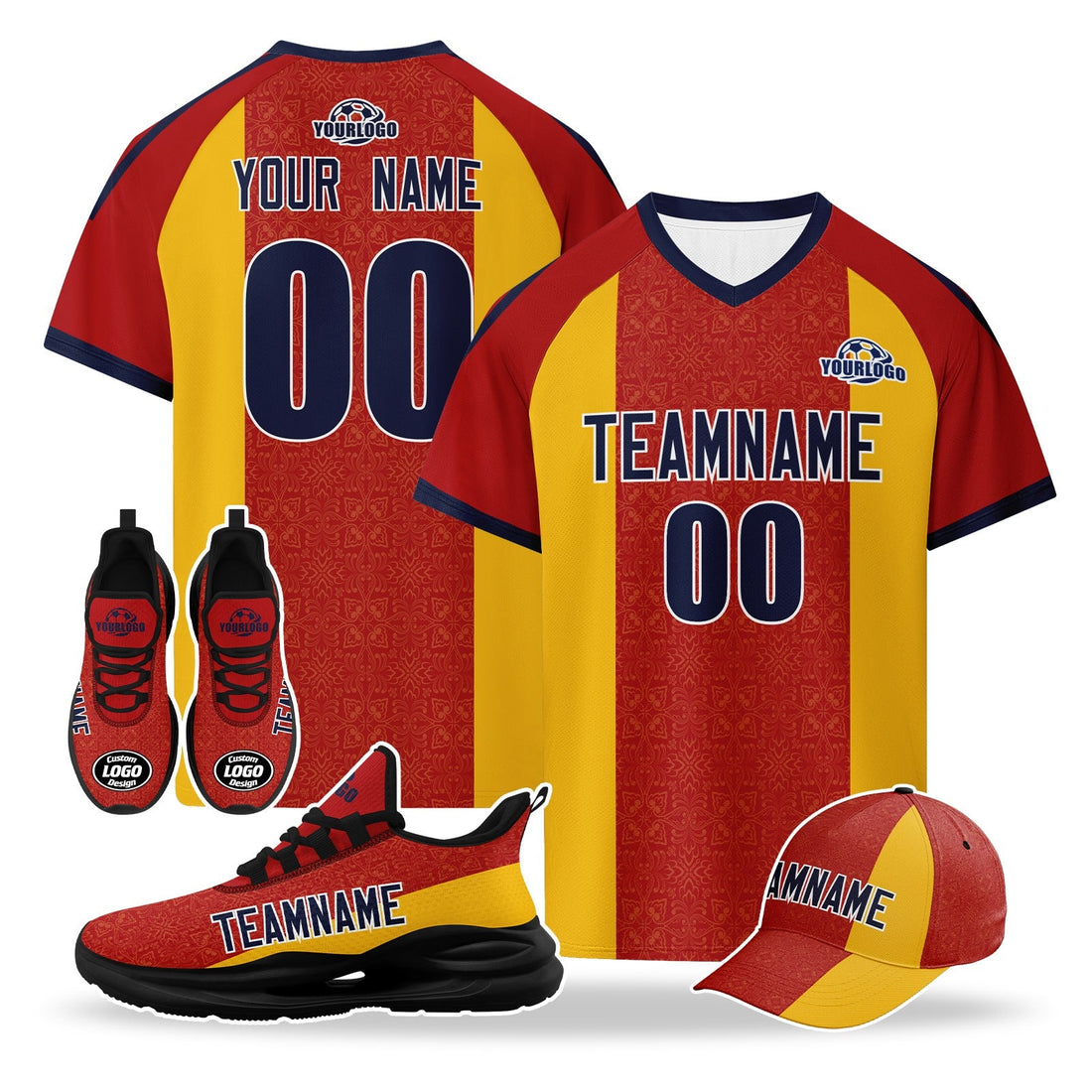 Custom Spain 2026 World Cup High Quality Soccer Stadium Version Jersey Sneakers Sports Shoes and Hat Combo Offer Personalized Team Name and Logo ZH-F007049-006