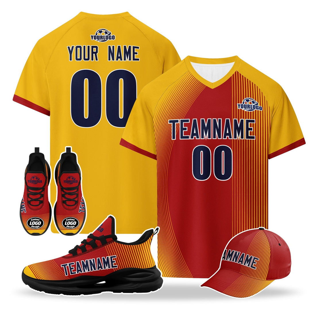 Custom Spain 2026 World Cup High Quality Soccer Stadium Version Jersey Sneakers Sports Shoes and Hat Combo Offer Personalized Team Name and Logo ZH-F007049-007