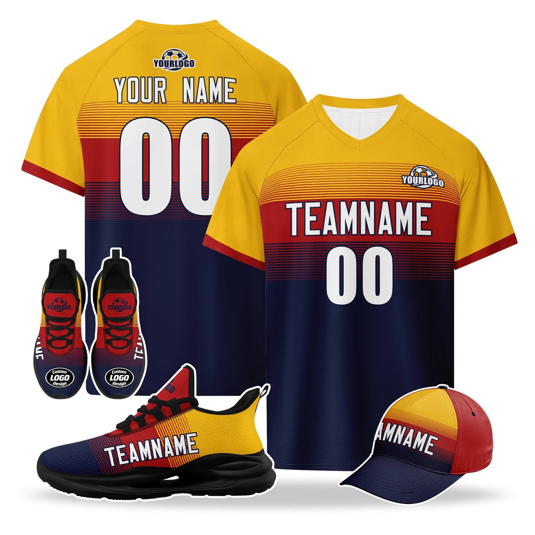 Custom Spain 2026 World Cup High Quality Soccer Stadium Version Jersey Sneakers Sports Shoes and Hat Combo Offer Personalized Team Name and Logo ZH-F007049-008