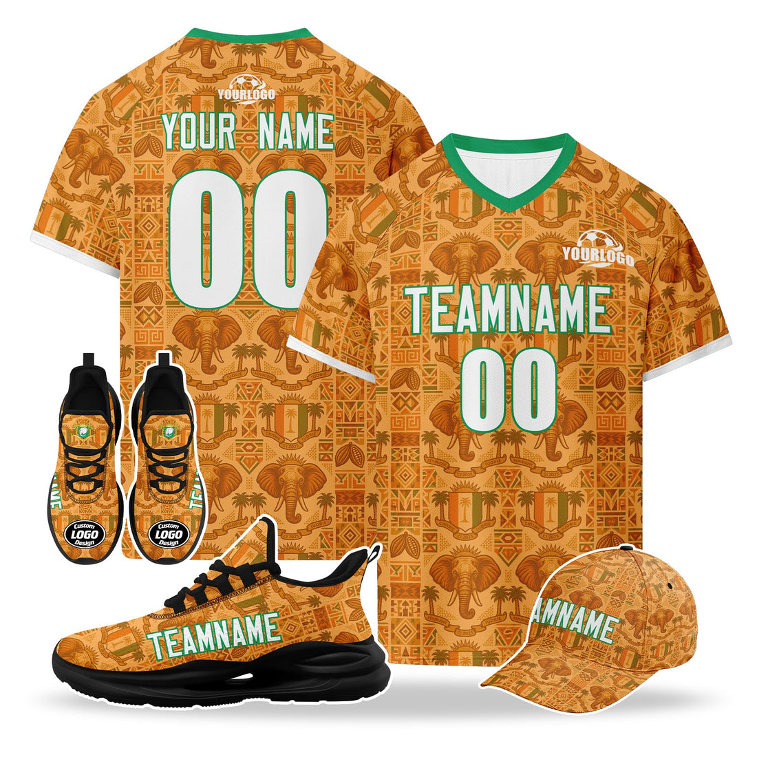 Custom Ivory Coast 2026 World Cup High Quality Soccer Stadium Version Jersey Sneakers Sports Shoes and Hat Combo Offer Personalized Team Name and Logo ZH-F007055-002