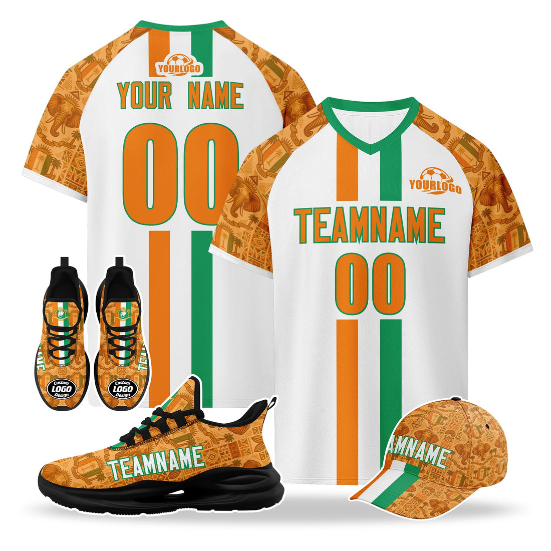 Custom Ivory Coast 2026 World Cup High Quality Soccer Stadium Version Jersey Sneakers Sports Shoes and Hat Combo Offer Personalized Team Name and Logo ZH-F007055-003