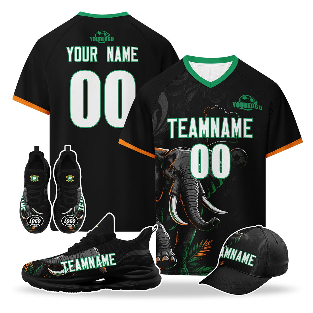 Custom Ivory Coast 2026 World Cup High Quality Soccer Stadium Version Jersey Sneakers Sports Shoes and Hat Combo Offer Personalized Team Name and Logo ZH-F007055-005