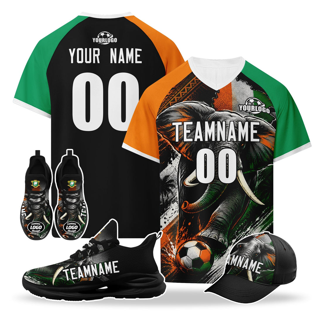 Custom Ivory Coast 2026 World Cup High Quality Soccer Stadium Version Jersey Sneakers Sports Shoes and Hat Combo Offer Personalized Team Name and Logo ZH-F007055-006