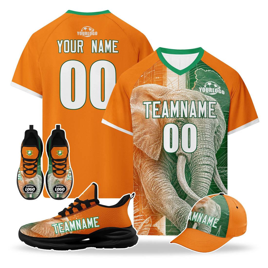 Custom Ivory Coast 2026 World Cup High Quality Soccer Stadium Version Jersey Sneakers Sports Shoes and Hat Combo Offer Personalized Team Name and Logo ZH-F007055-007