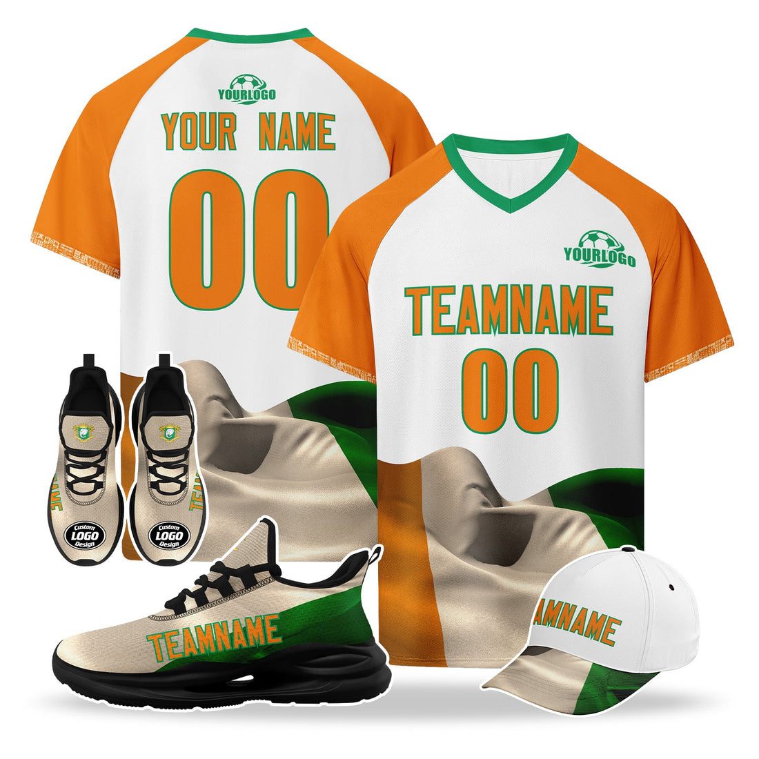 Custom Ivory Coast 2026 World Cup High Quality Soccer Stadium Version Jersey Sneakers Sports Shoes and Hat Combo Offer Personalized Team Name and Logo ZH-F007055-010