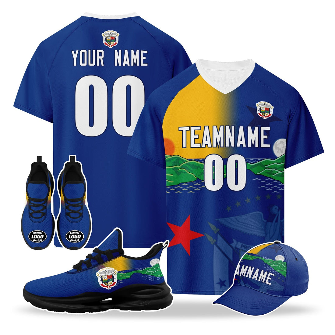 Custom Panama 2026 World Cup High Quality Soccer Stadium Version Jersey Sneakers Sports Shoes and Hat Combo Offer Personalized Team Name and Logo ZH-F007058-007