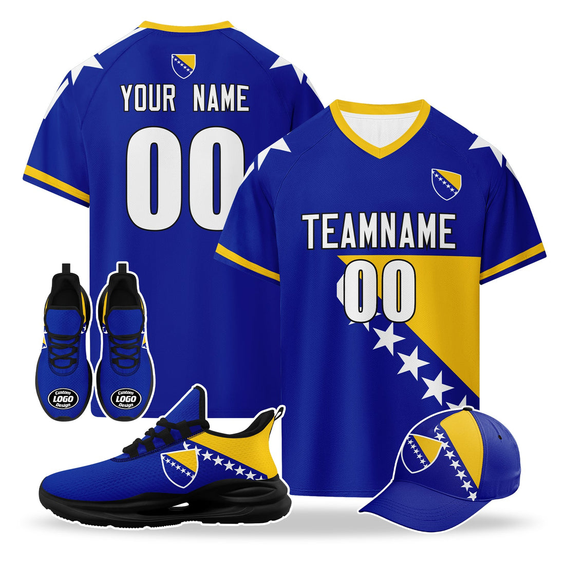 Custom Bosnia and Herzegovina 2026 World Cup High Quality Soccer Stadium Version Jersey Sneakers Sports Shoes and Hat Combo Offer Personalized Team Name and Logo ZH-F007062-001