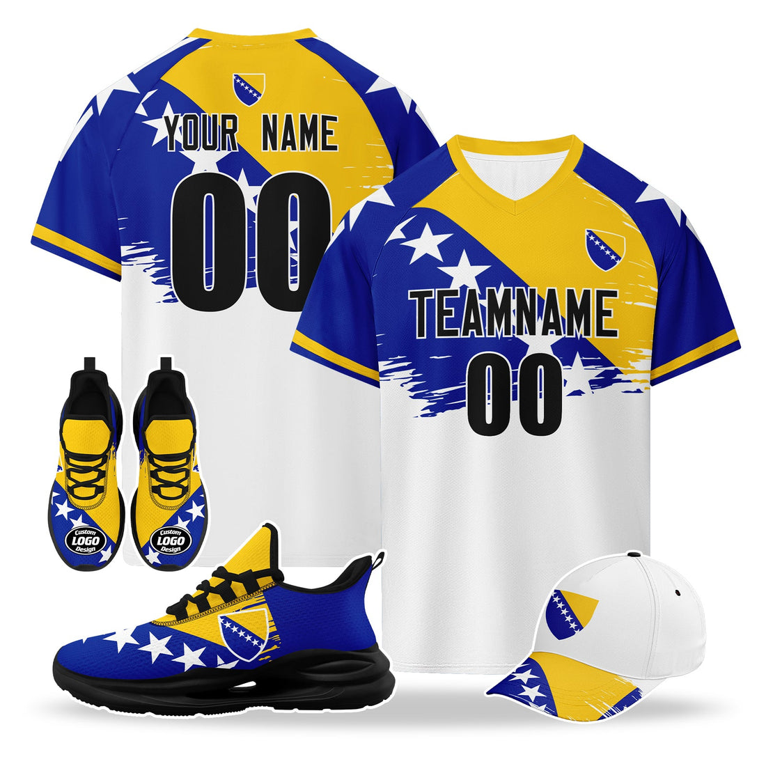 Custom Bosnia and Herzegovina 2026 World Cup High Quality Soccer Stadium Version Jersey Sneakers Sports Shoes and Hat Combo Offer Personalized Team Name and Logo ZH-F007062-002