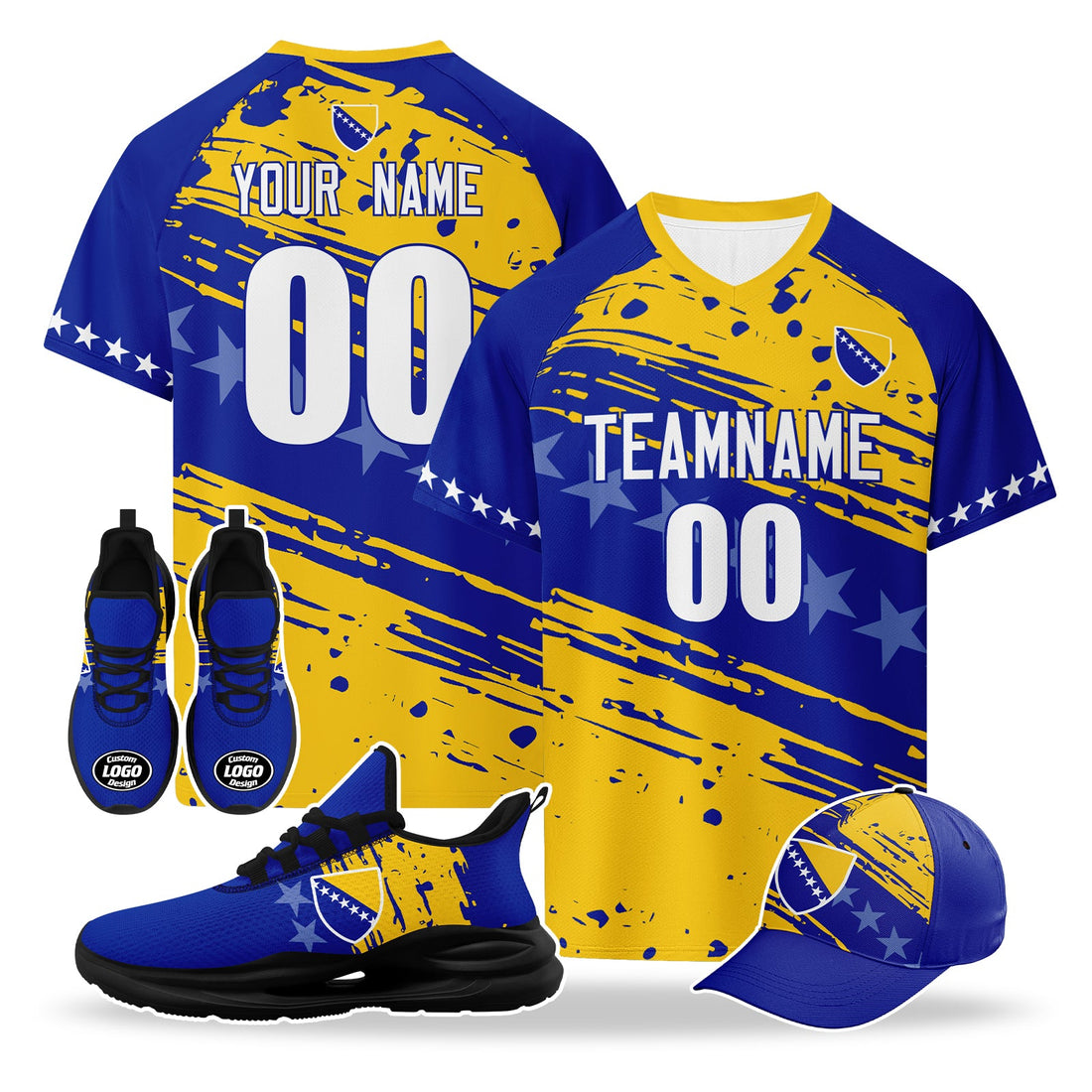 Custom Bosnia and Herzegovina 2026 World Cup High Quality Soccer Stadium Version Jersey Sneakers Sports Shoes and Hat Combo Offer Personalized Team Name and Logo ZH-F007062-003