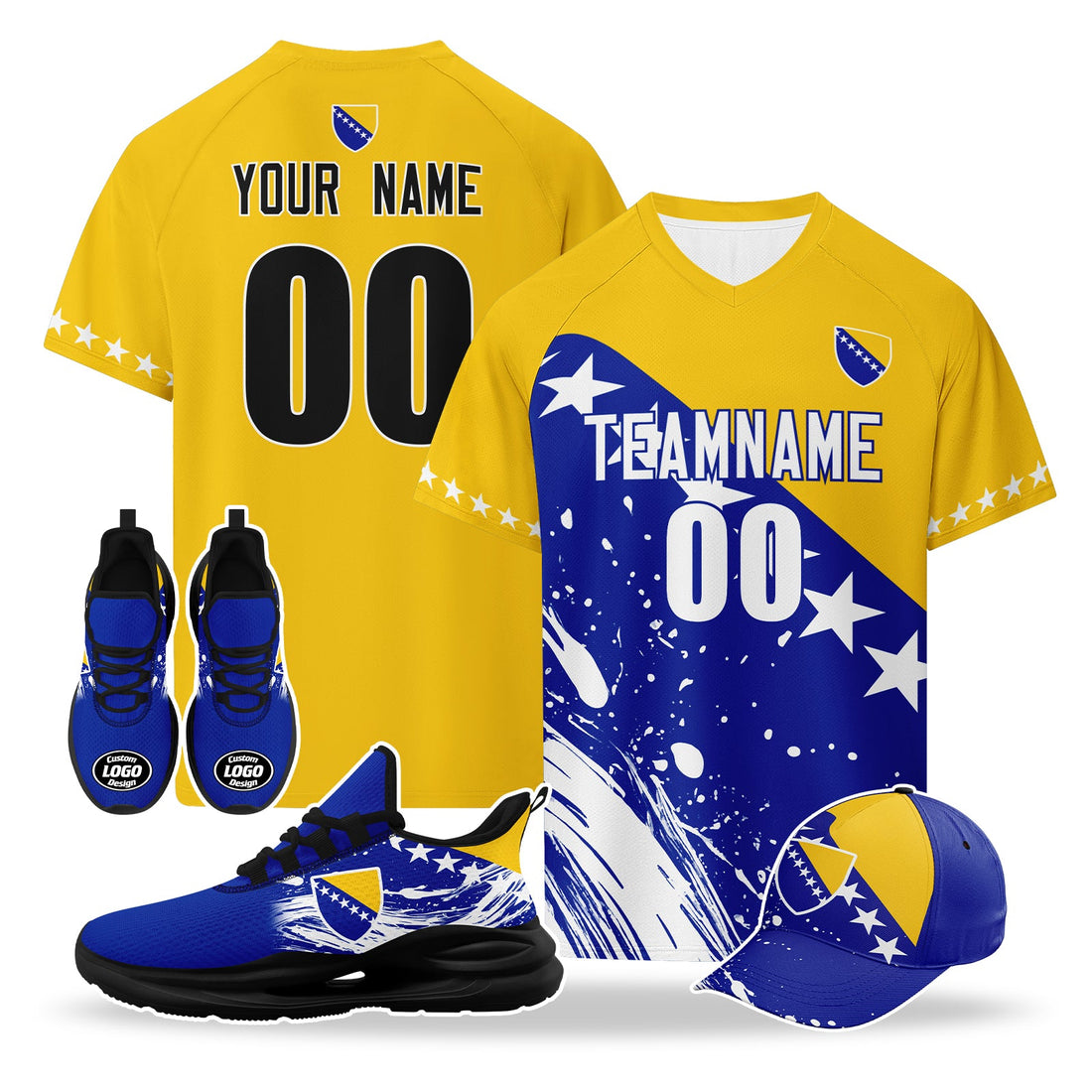 Custom Bosnia and Herzegovina 2026 World Cup High Quality Soccer Stadium Version Jersey Sneakers Sports Shoes and Hat Combo Offer Personalized Team Name and Logo ZH-F007062-004