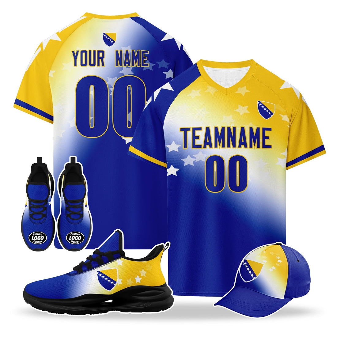 Custom Bosnia and Herzegovina 2026 World Cup High Quality Soccer Stadium Version Jersey Sneakers Sports Shoes and Hat Combo Offer Personalized Team Name and Logo ZH-F007062-005