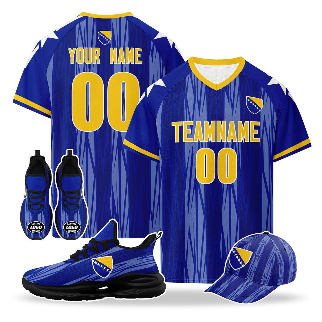 Custom Bosnia and Herzegovina 2026 World Cup High Quality Soccer Stadium Version Jersey Sneakers Sports Shoes and Hat Combo Offer Personalized Team Name and Logo ZH-F007062-006