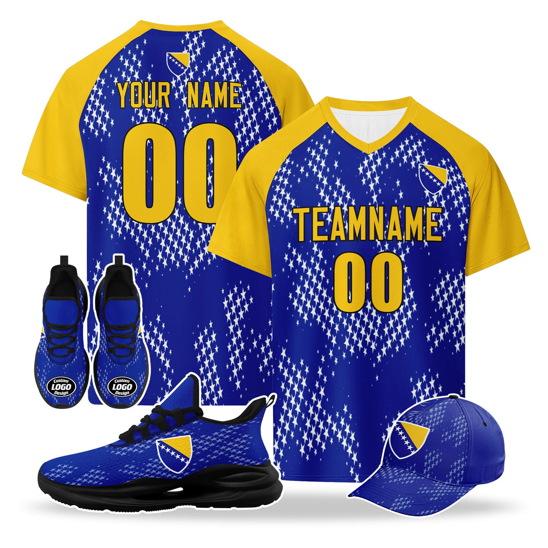 Custom Bosnia and Herzegovina 2026 World Cup High Quality Soccer Stadium Version Jersey Sneakers Sports Shoes and Hat Combo Offer Personalized Team Name and Logo ZH-F007062-007
