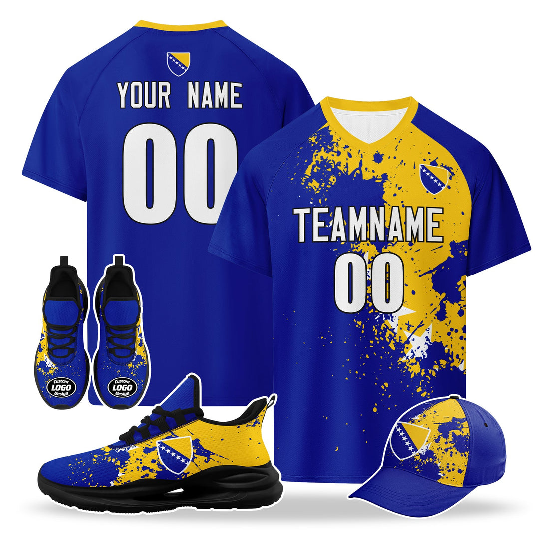 Custom Bosnia and Herzegovina 2026 World Cup High Quality Soccer Stadium Version Jersey Sneakers Sports Shoes and Hat Combo Offer Personalized Team Name and Logo ZH-F007062-008