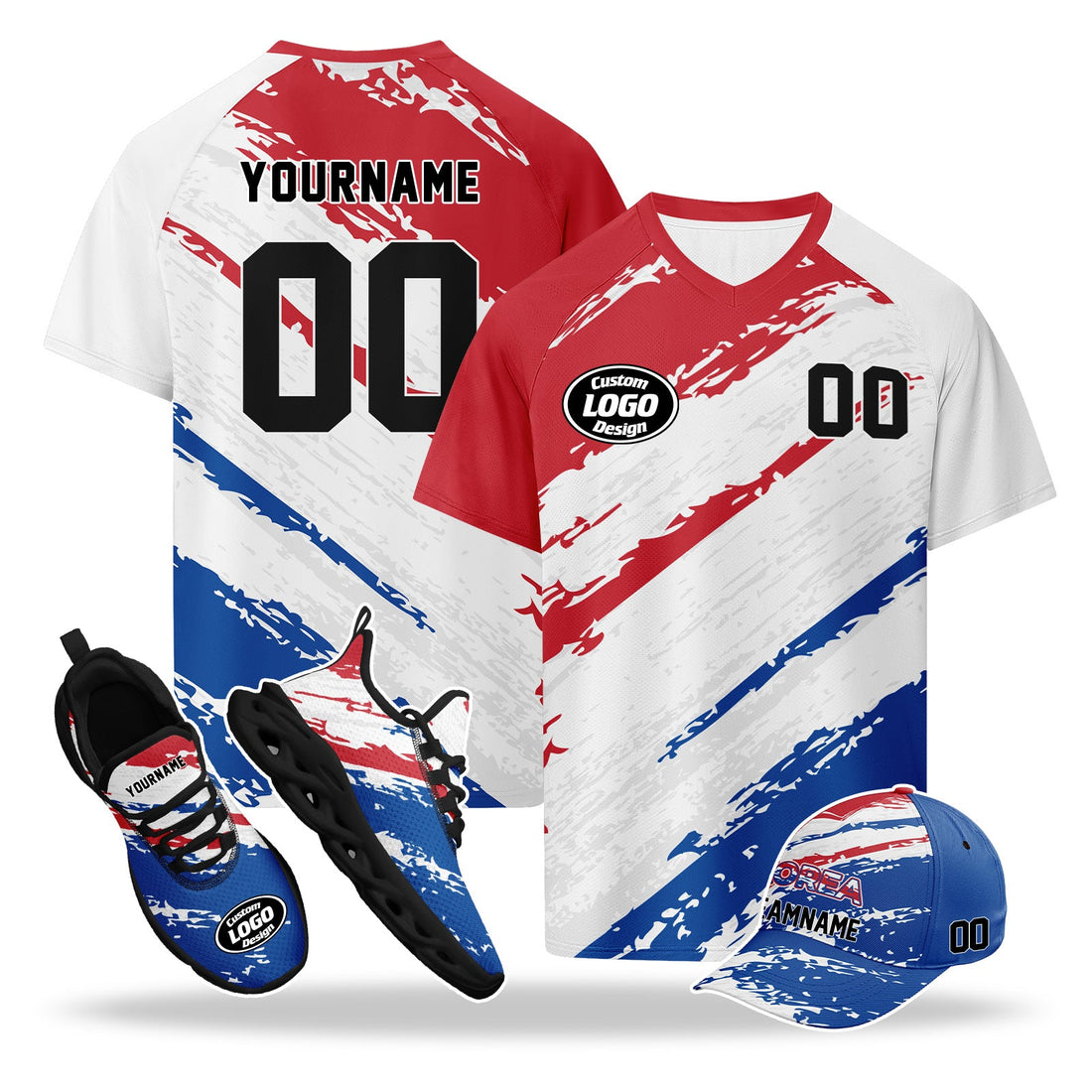 Custom 2026 World Cup South Korea High Quality Soccer Stadium Version Jersey Sneakers Sports Shoes and Hat Combo Offer Personalized Team Name and Logo ZH-F009132-2