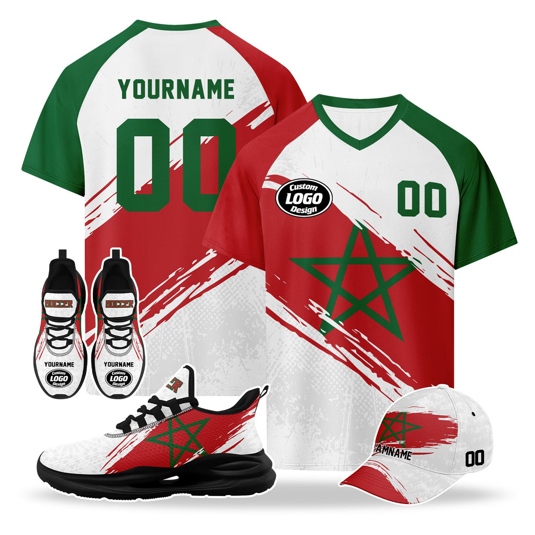 Custom 2026 World Cup Morocco High Quality Soccer Stadium Version Jersey Sneakers Sports Shoes and Hat Combo Offer Personalized Team Name and Logo ZH-F009134-5