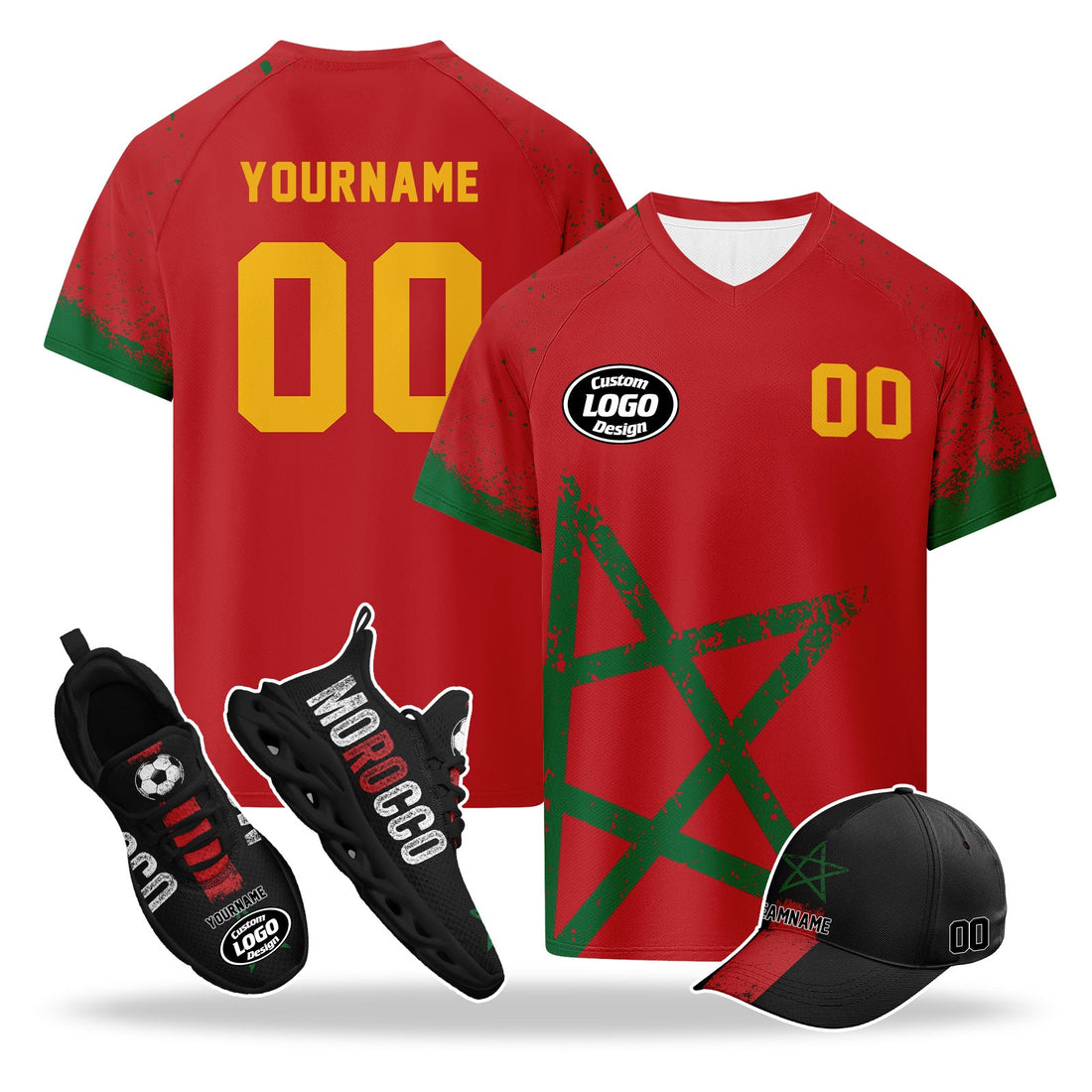 Custom 2026 World Cup Morocco High Quality Soccer Stadium Version Jersey Sneakers Sports Shoes and Hat Combo Offer Personalized Team Name and Logo ZH-F009135-1