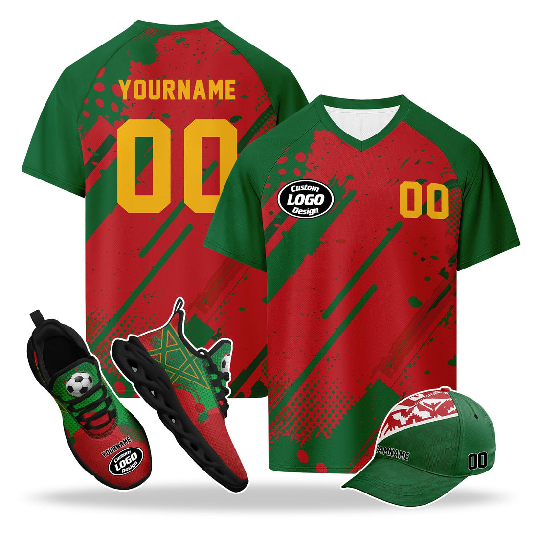 Custom 2026 World Cup Morocco High Quality Soccer Stadium Version Jersey Sneakers Sports Shoes and Hat Combo Offer Personalized Team Name and Logo ZH-F009135-4