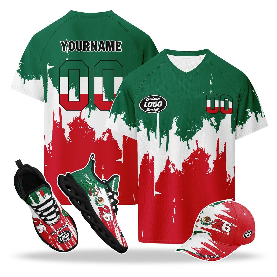Custom 2026 World Cup Mexico High Quality Soccer Stadium Version Jersey Sneakers Sports Shoes and Hat Combo Offer Personalized Team Name and Logo ZH-F023091-1