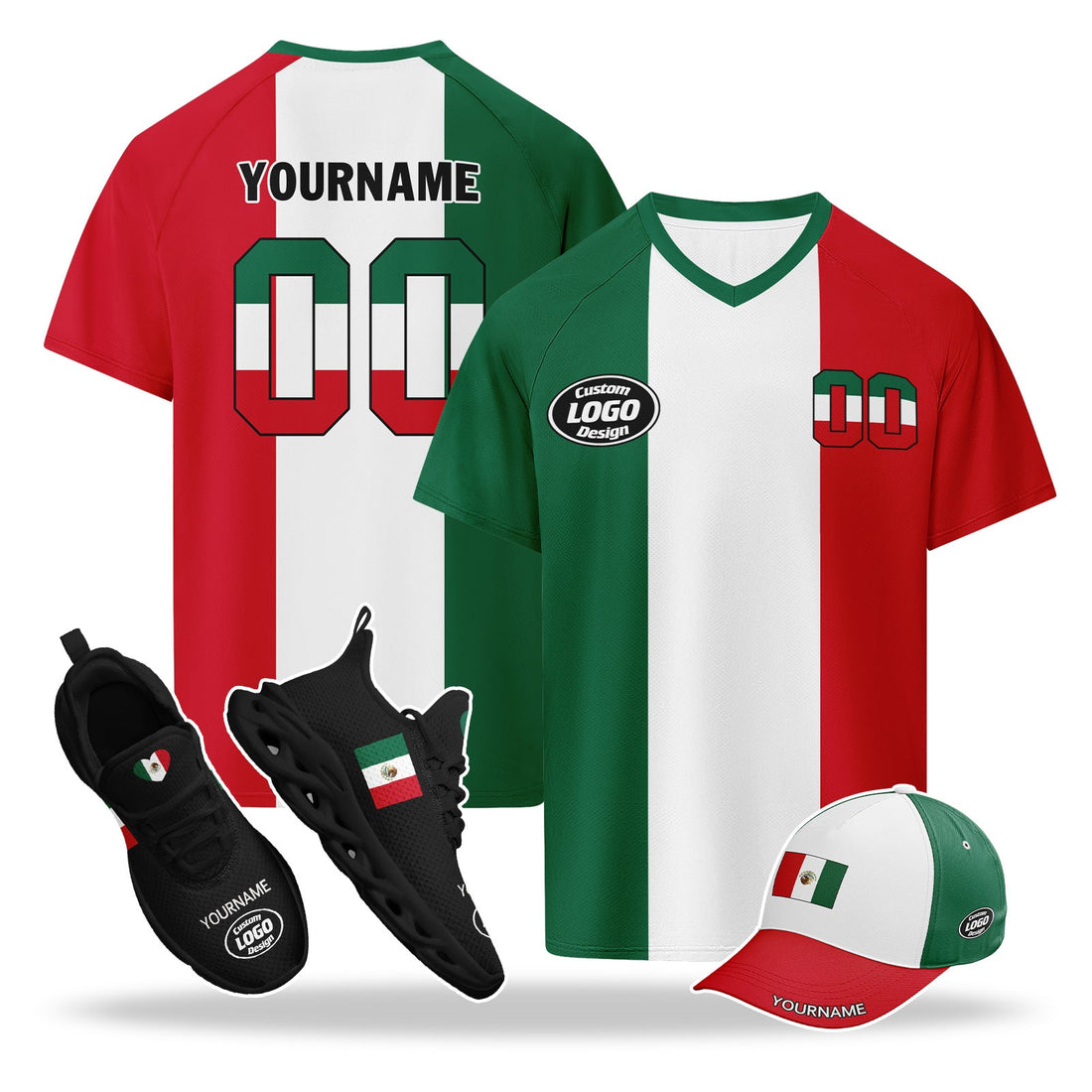 Custom 2026 World Cup Mexico High Quality Soccer Stadium Version Jersey Sneakers Sports Shoes and Hat Combo Offer Personalized Team Name and Logo ZH-F023091-2