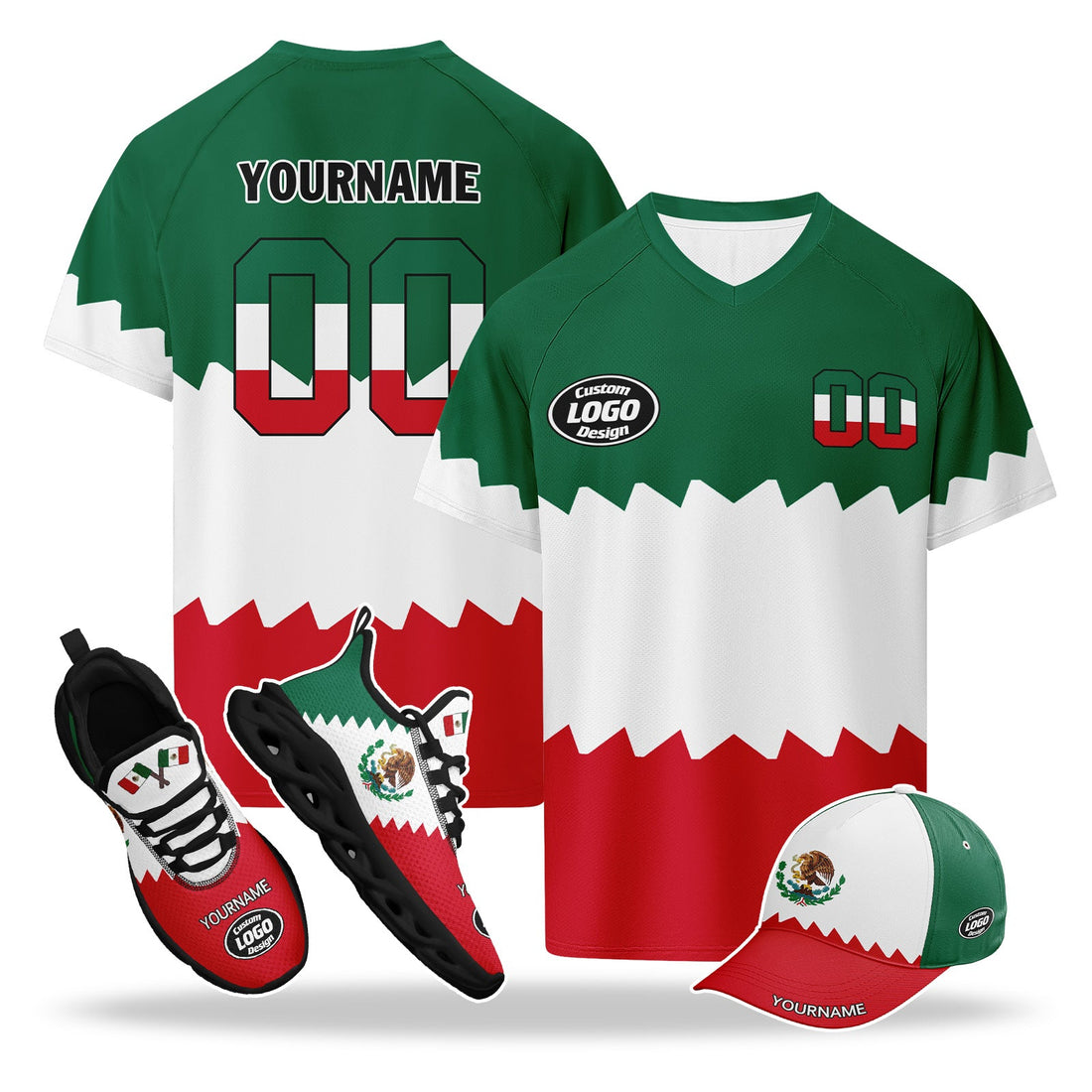 Custom 2026 World Cup Mexico High Quality Soccer Stadium Version Jersey Sneakers Sports Shoes and Hat Combo Offer Personalized Team Name and Logo ZH-F023091-3