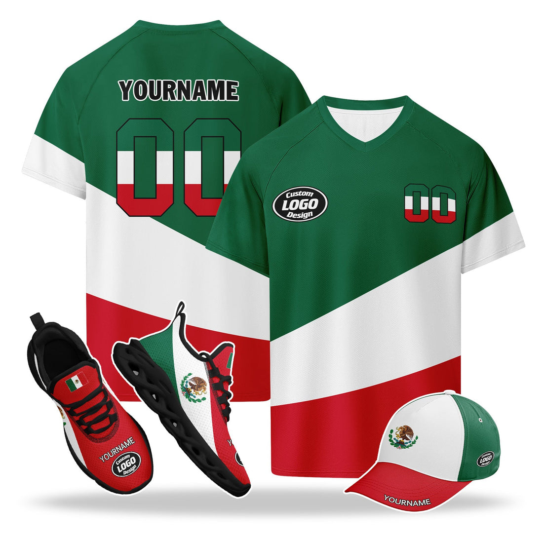 Custom 2026 World Cup Mexico High Quality Soccer Stadium Version Jersey Sneakers Sports Shoes and Hat Combo Offer Personalized Team Name and Logo ZH-F023091-4