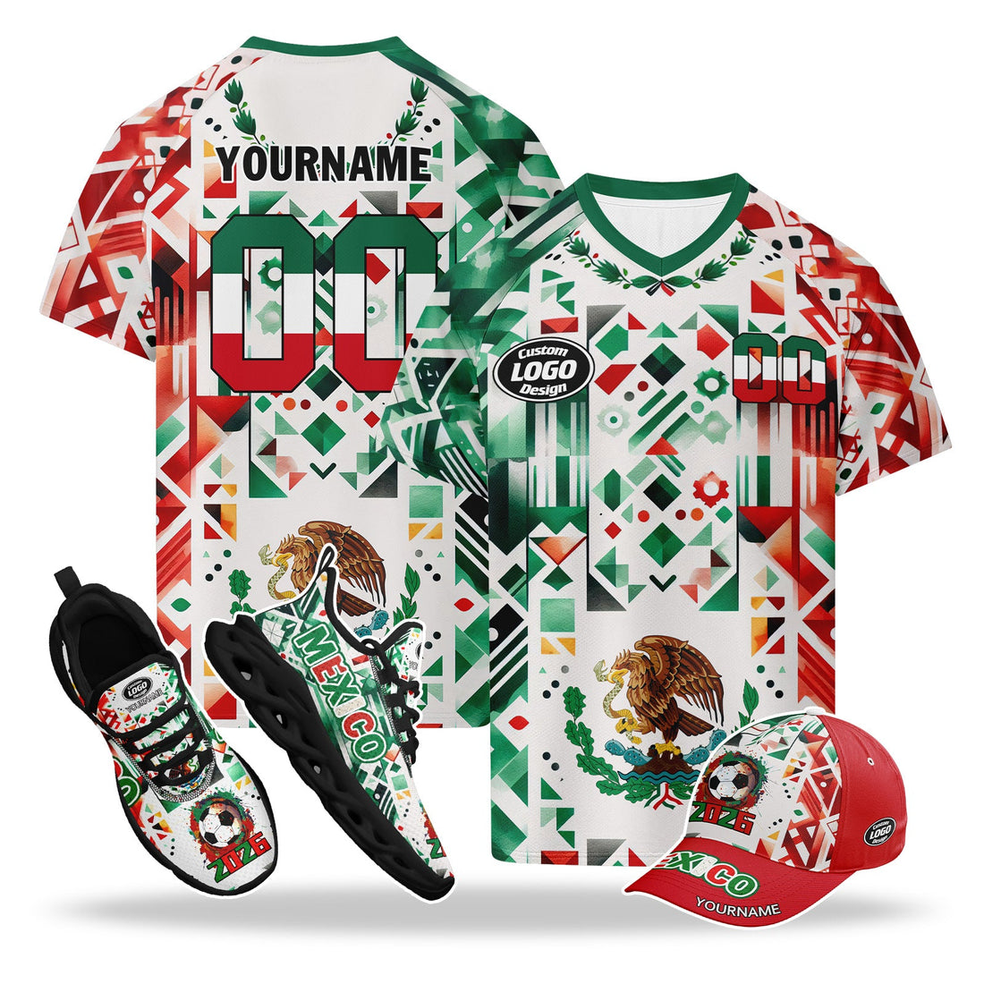 Custom 2026 World Cup Mexico High Quality Soccer Stadium Version Jersey Sneakers Sports Shoes and Hat Combo Offer Personalized Team Name and Logo ZH-F023091-5