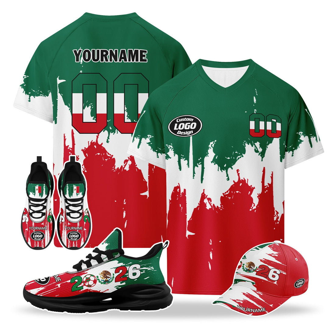 Custom 2026 World Cup Mexico High Quality Soccer Stadium Version Jersey Sneakers Sports Shoes and Hat Combo Offer Personalized Team Name and Logo ZH-F023092-1