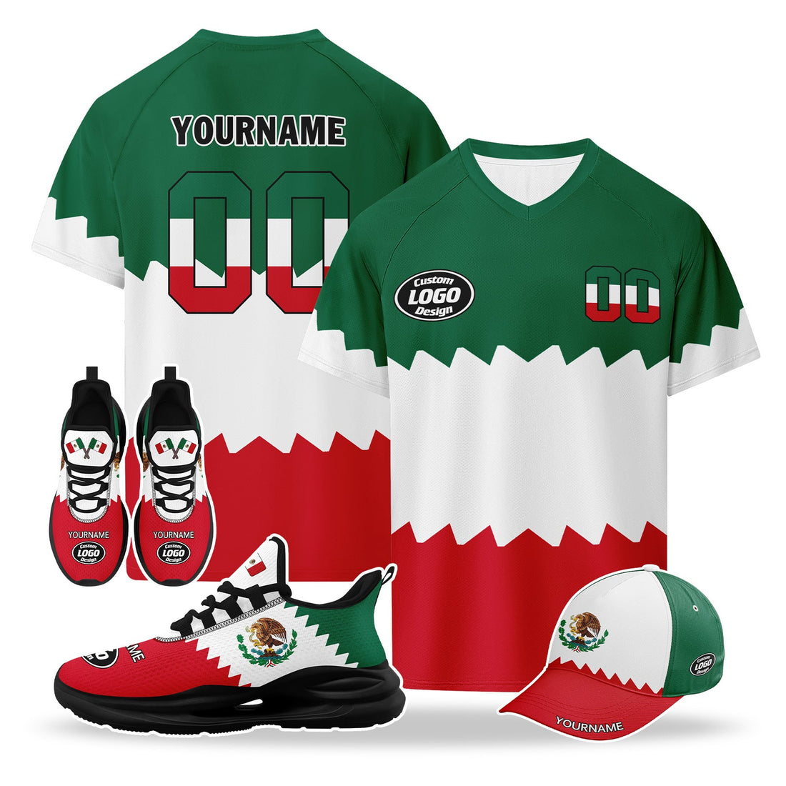 Custom 2026 World Cup Mexico High Quality Soccer Stadium Version Jersey Sneakers Sports Shoes and Hat Combo Offer Personalized Team Name and Logo ZH-F023092-3
