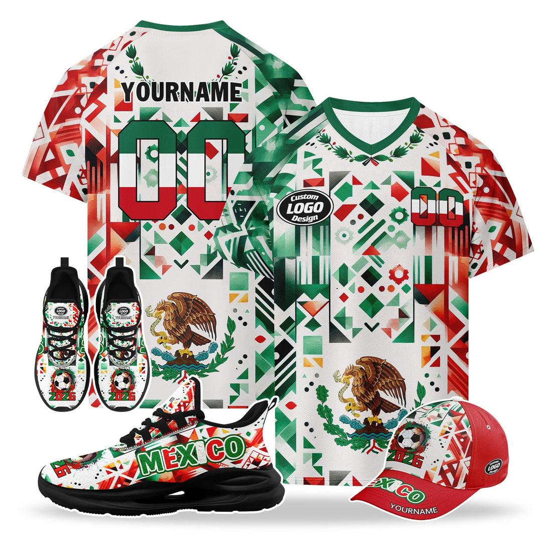 Custom 2026 World Cup Mexico High Quality Soccer Stadium Version Jersey Sneakers Sports Shoes and Hat Combo Offer Personalized Team Name and Logo ZH-F023092-5