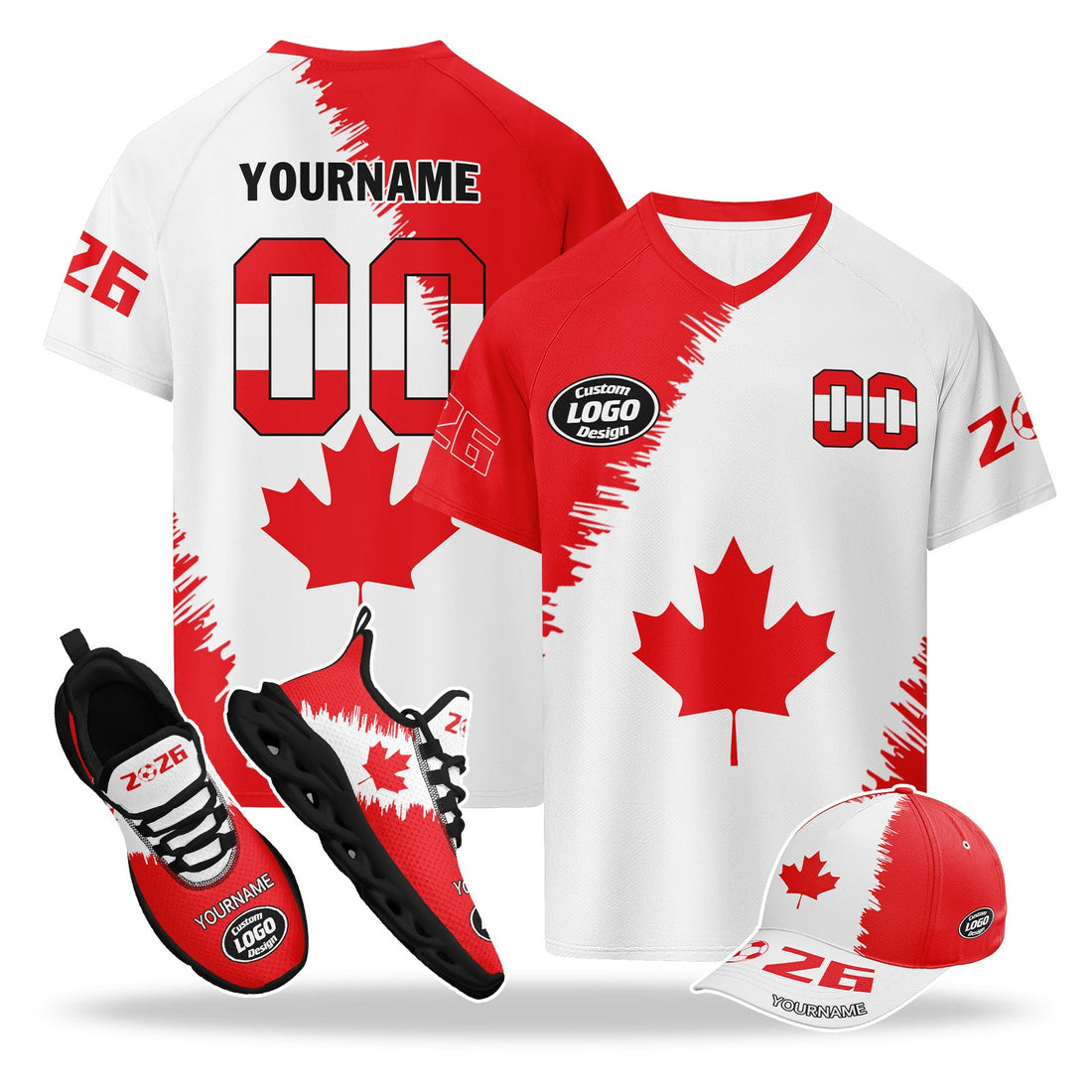 Custom 2026 World Cup Canada High Quality Soccer Stadium Version Jersey Sneakers Sports Shoes and Hat Combo Offer Personalized Team Name and Logo ZH-F023095-1