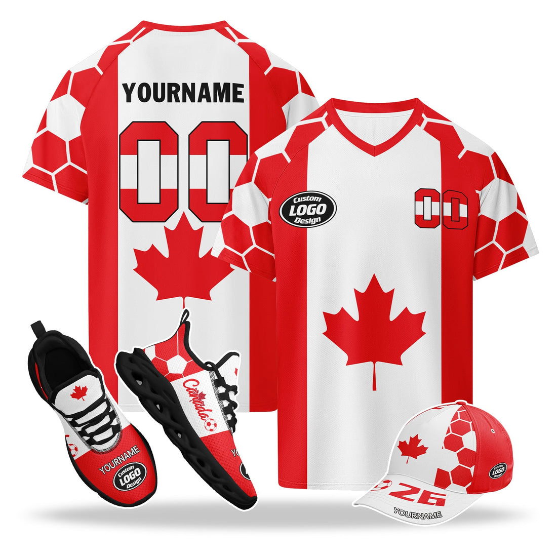 Custom 2026 World Cup Canada High Quality Soccer Stadium Version Jersey Sneakers Sports Shoes and Hat Combo Offer Personalized Team Name and Logo ZH-F023095-2