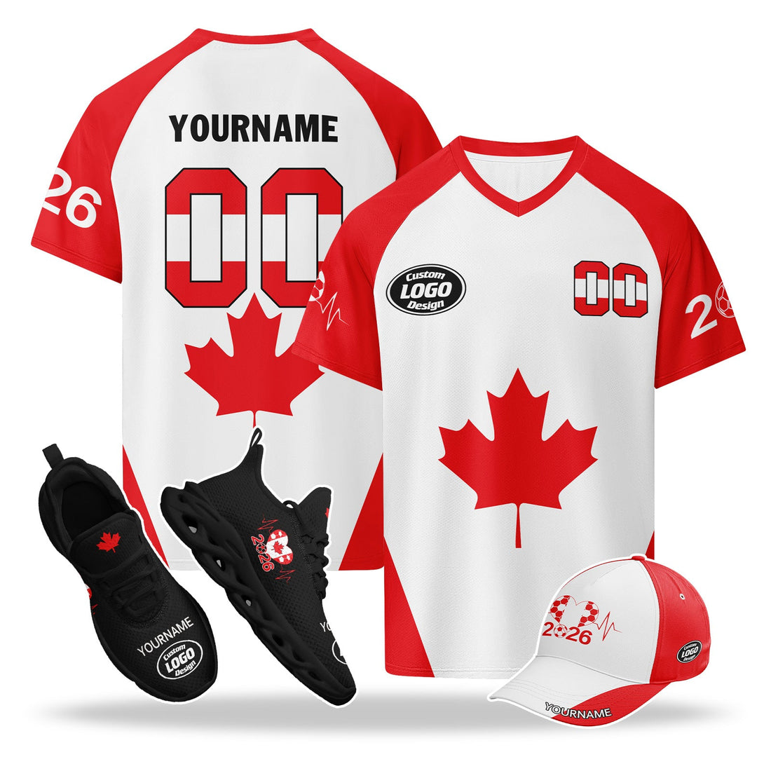 Custom 2026 World Cup Canada High Quality Soccer Stadium Version Jersey Sneakers Sports Shoes and Hat Combo Offer Personalized Team Name and Logo ZH-F023095-3