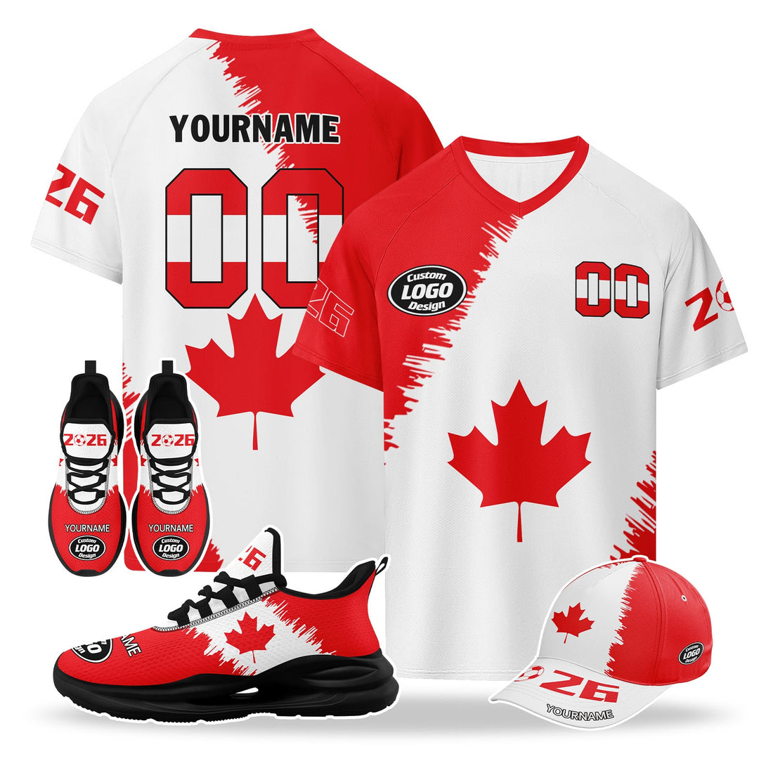 Custom 2026 World Cup Canada High Quality Soccer Stadium Version Jersey Sneakers Sports Shoes and Hat Combo Offer Personalized Team Name and Logo ZH-F023096-1