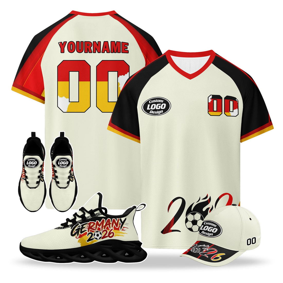 Custom 2026 World Cup Germany High Quality Soccer Stadium Version Jersey Sneakers Sports Shoes and Hat Combo Offer Personalized Team Name and Logo ZH-F025071-10