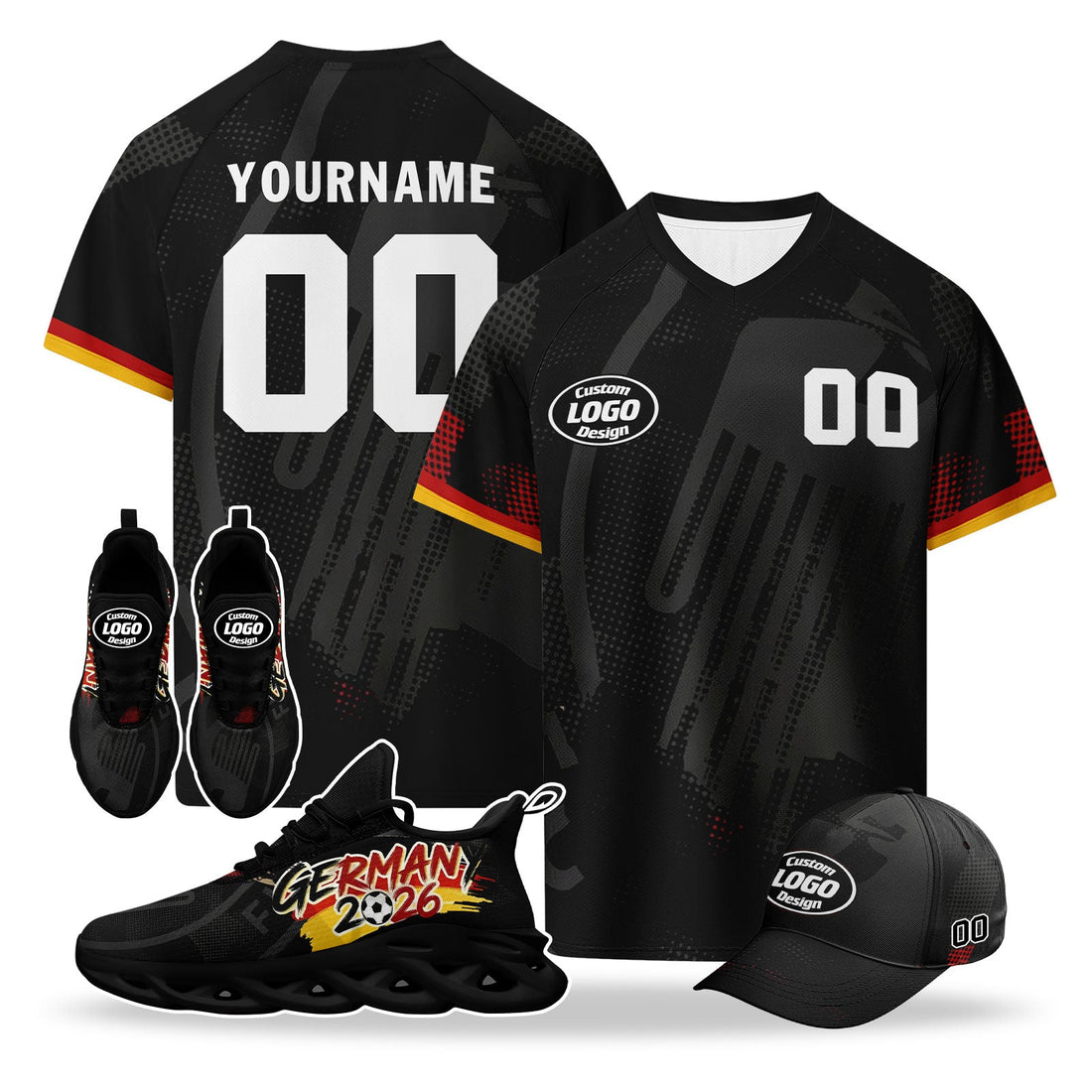 Custom 2026 World Cup Germany High Quality Soccer Stadium Version Jersey Sneakers Sports Shoes and Hat Combo Offer Personalized Team Name and Logo ZH-F025071-9