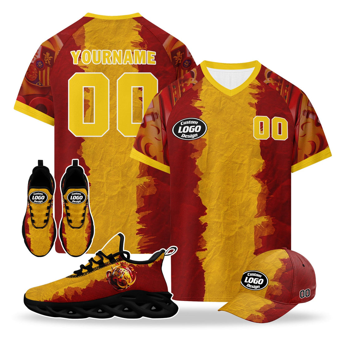 Custom 2026 World Cup Spain High Quality Soccer Stadium Version Jersey Sneakers Sports Shoes and Hat Combo Offer Personalized Team Name and Logo ZH-F025077-1