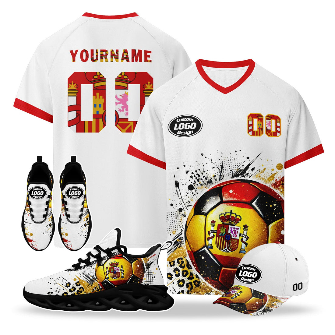 Custom 2026 World Cup Spain High Quality Soccer Stadium Version Jersey Sneakers Sports Shoes and Hat Combo Offer Personalized Team Name and Logo ZH-F025077-4