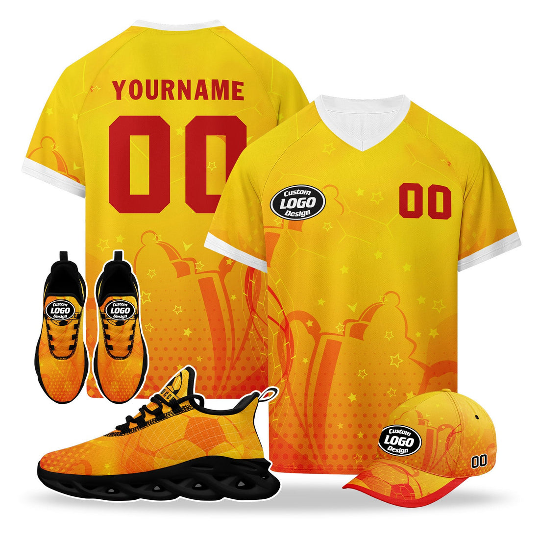Custom 2026 World Cup Spain High Quality Soccer Stadium Version Jersey Sneakers Sports Shoes and Hat Combo Offer Personalized Team Name and Logo ZH-F025077-5