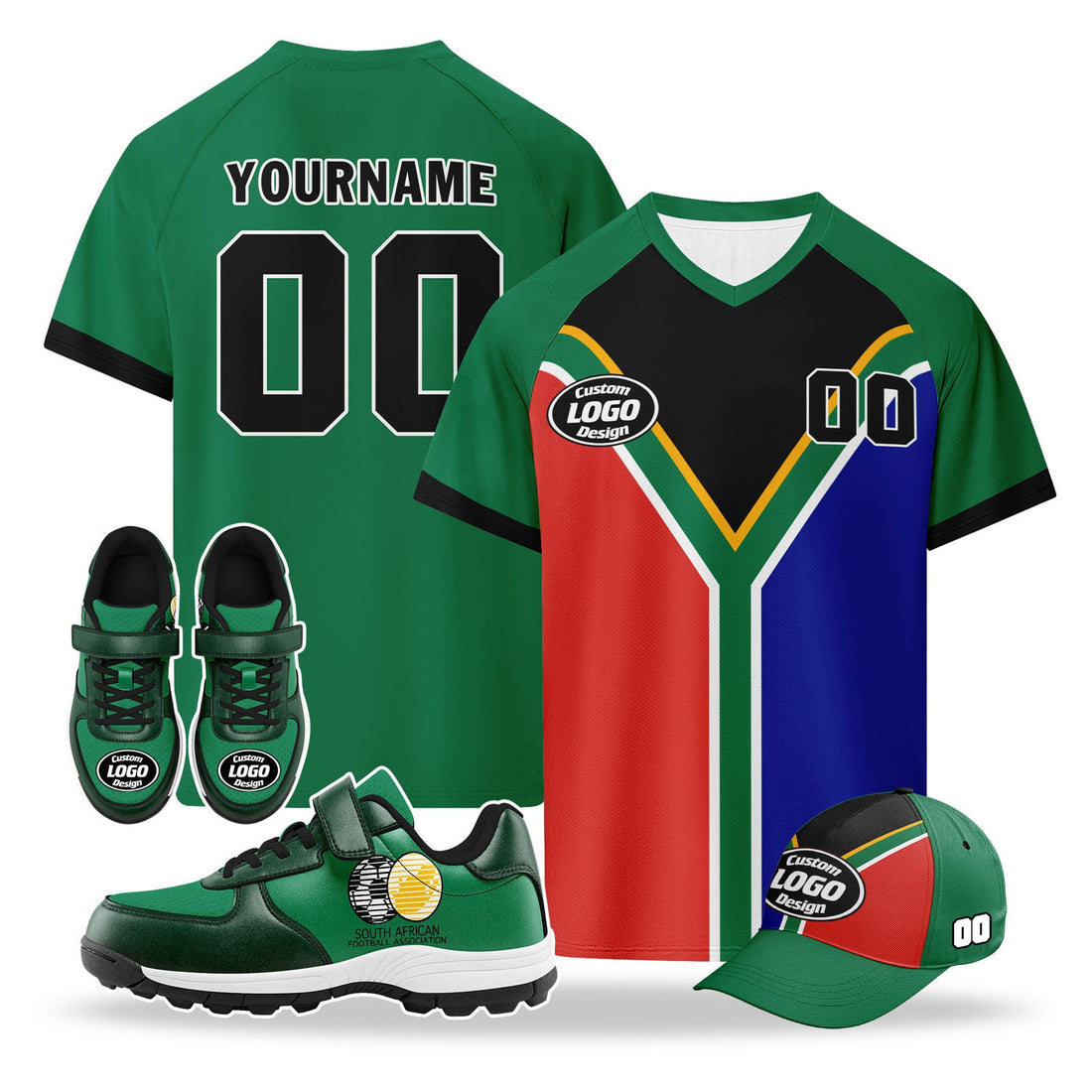 Custom South Africa 2026 World Cup High Quality Soccer Stadium Version Jersey Sneakers Sports Shoes and Hat Combo Offer Personalized Team Name and Logo ZH-F025128-1