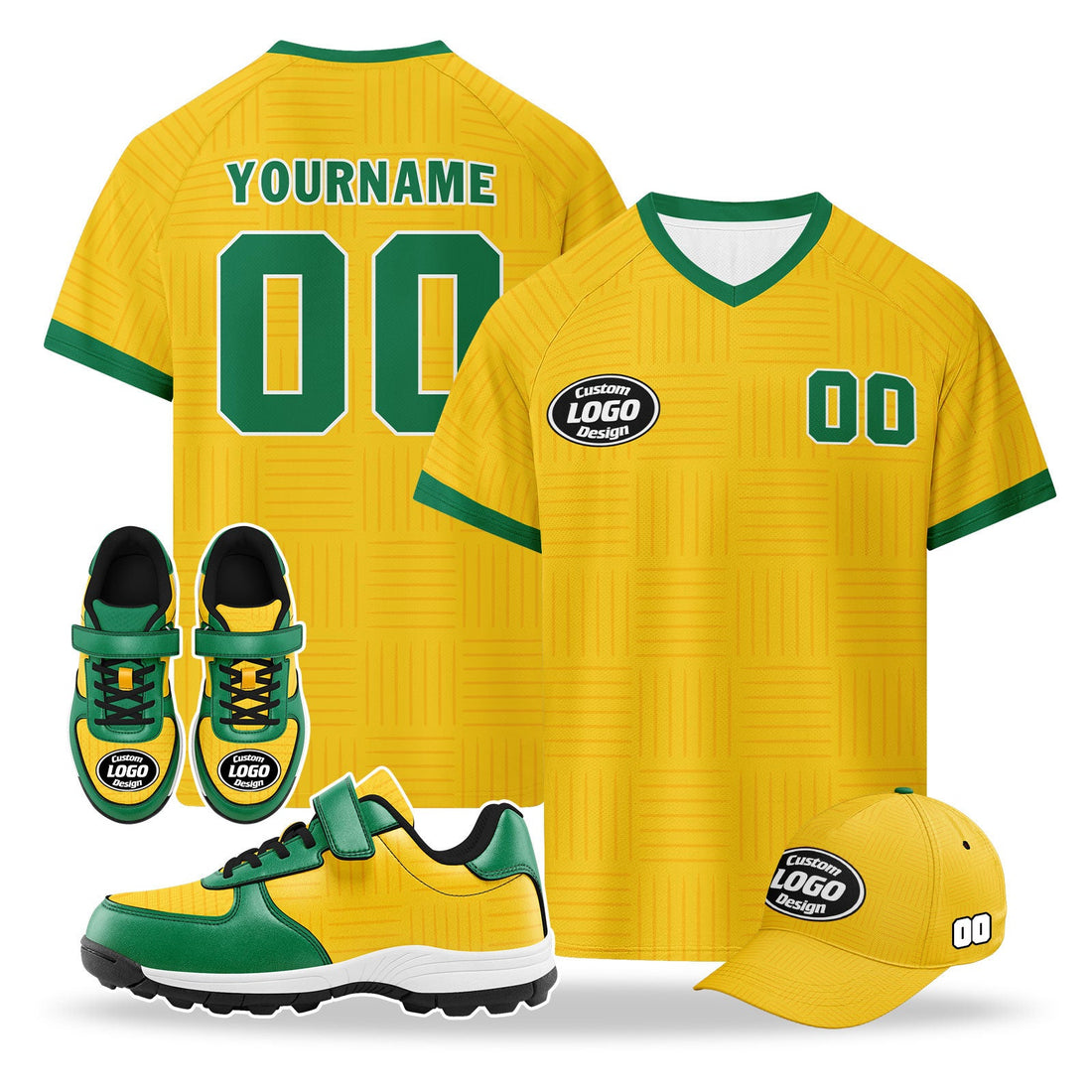 Custom South Africa 2026 World Cup High Quality Soccer Stadium Version Jersey Sneakers Sports Shoes and Hat Combo Offer Personalized Team Name and Logo ZH-F025128-2