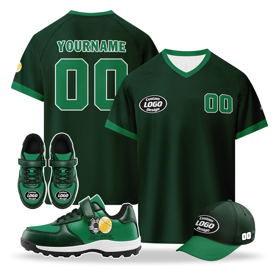 Custom South Africa 2026 World Cup High Quality Soccer Stadium Version Jersey Sneakers Sports Shoes and Hat Combo Offer Personalized Team Name and Logo ZH-F025128-3