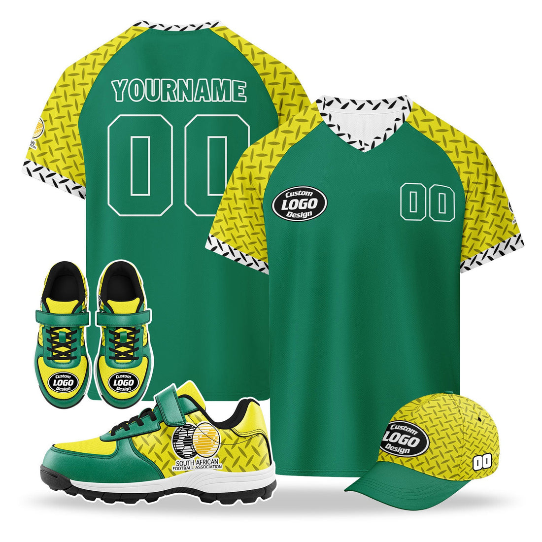 Custom South Africa 2026 World Cup High Quality Soccer Stadium Version Jersey Sneakers Sports Shoes and Hat Combo Offer Personalized Team Name and Logo ZH-F025128-4