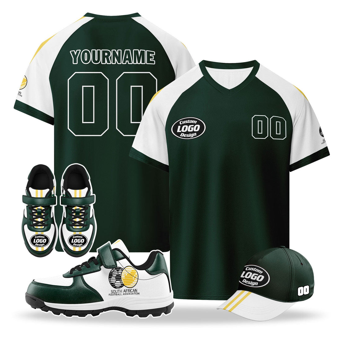 Custom South Africa 2026 World Cup High Quality Soccer Stadium Version Jersey Sneakers Sports Shoes and Hat Combo Offer Personalized Team Name and Logo ZH-F025128-5