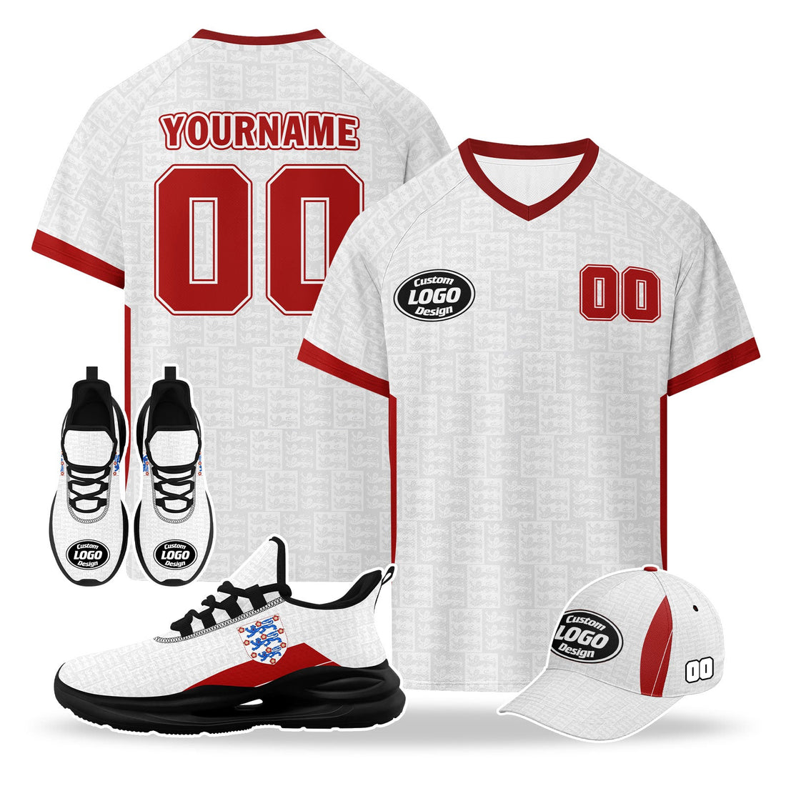 Custom England 2026 World Cup High Quality Soccer Stadium Version Jersey Sneakers Sports Shoes and Hat Combo Offer Personalized Team Name and Logo ZH-F025133-3