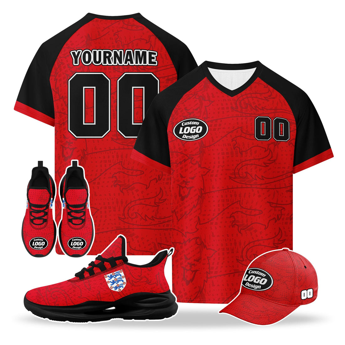 Custom England 2026 World Cup High Quality Soccer Stadium Version Jersey Sneakers Sports Shoes and Hat Combo Offer Personalized Team Name and Logo ZH-F025133-5