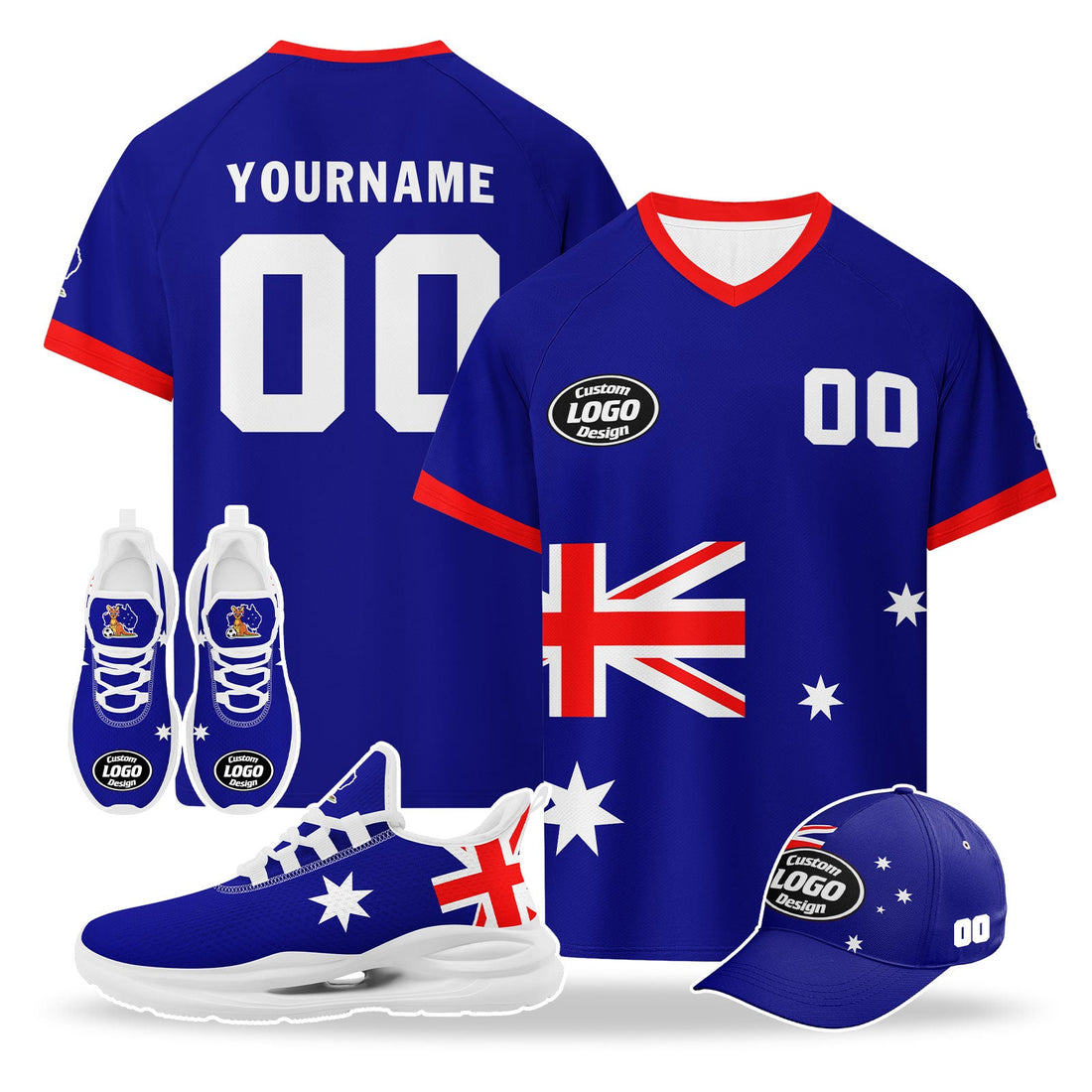 Custom Australia 2026 World Cup High Quality Soccer Stadium Version Jersey Sneakers Sports Shoes and Hat Combo Offer Personalized Team Name and Logo ZH-F025139-1