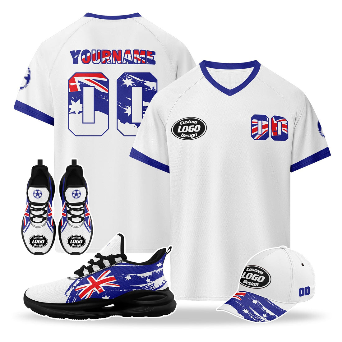 Custom Australia 2026 World Cup High Quality Soccer Stadium Version Jersey Sneakers Sports Shoes and Hat Combo Offer Personalized Team Name and Logo ZH-F025139-2