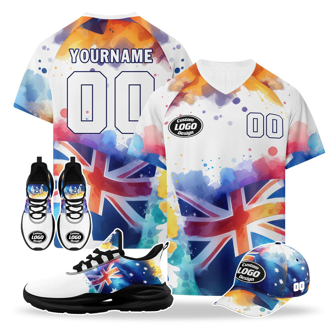 Custom Australia 2026 World Cup High Quality Soccer Stadium Version Jersey Sneakers Sports Shoes and Hat Combo Offer Personalized Team Name and Logo ZH-F025139-6