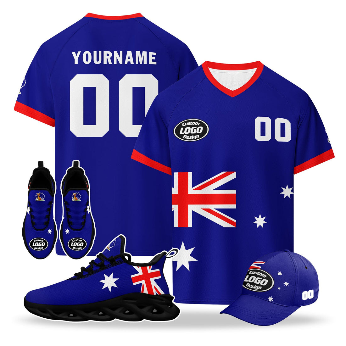 Custom Australia 2026 World Cup High Quality Soccer Stadium Version Jersey Sneakers Sports Shoes and Hat Combo Offer Personalized Team Name and Logo ZH-F025140-1